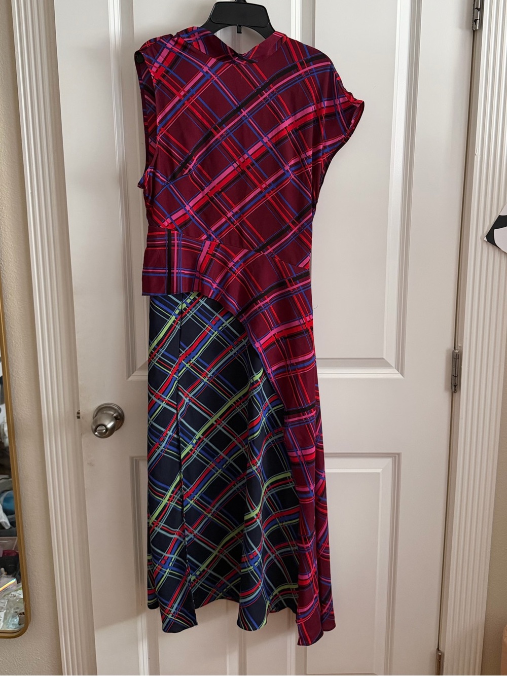 Topshop Maroon and Navy Asymmetrical Plaid Midi Dress